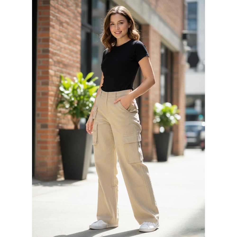 Davi & Dani Khaki Tan‎ Wide Leg Cargo Pants DEP32732 Womens Medium NWT